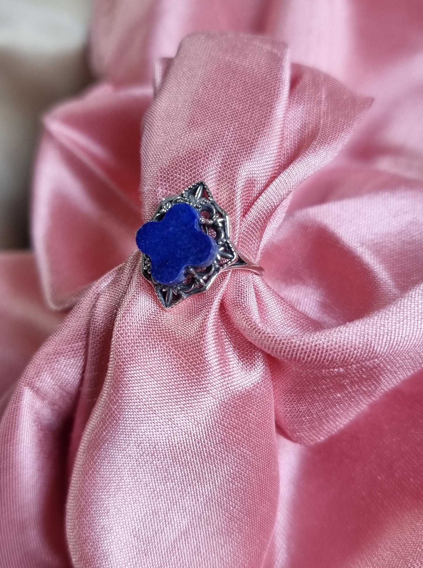 Lapis Lazuli Clover Diamond in Tibetan Vintage S925 Silver (Adjustable Ring) 青金石