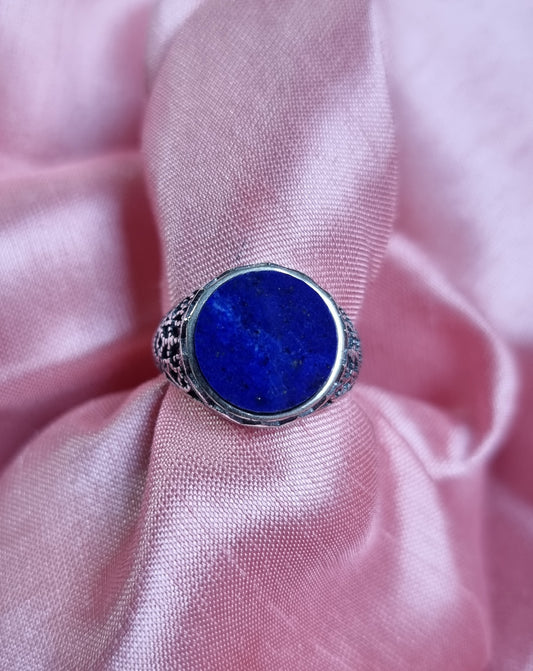 Lapis Lazuli Round Plate in Tibetan Vintage S925 Silver (Adjustable Ring) 青金石