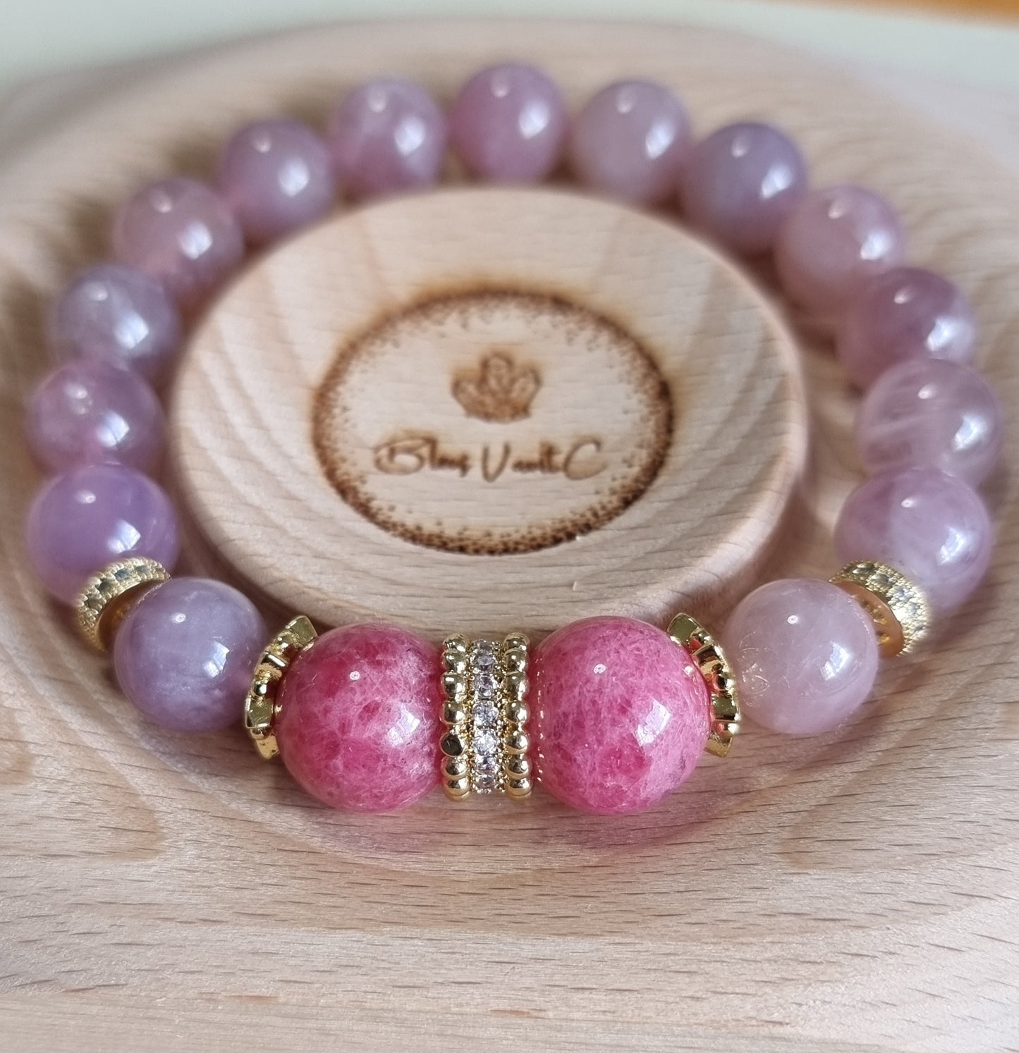 Rose Quartz Rhodonite Bracelet in gold 11mm. Inspired from Van Gogh "The Pink Peach Tree"