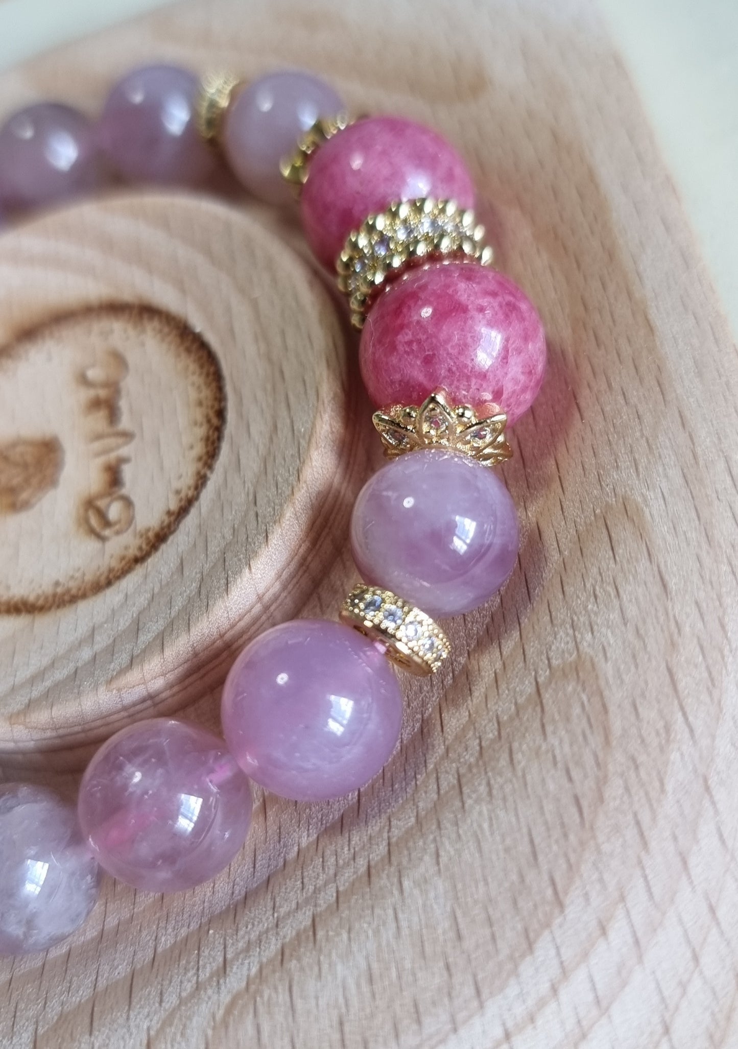 Rose Quartz Rhodonite Bracelet in gold 11mm. Inspired from Van Gogh "The Pink Peach Tree"