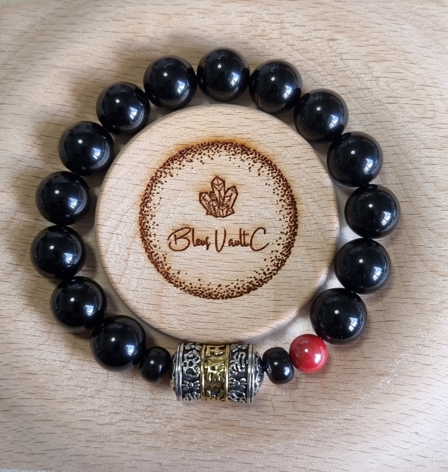 Black Obsidian Male Bracelet with 6 words Mantra 12.5mm *2 pieces