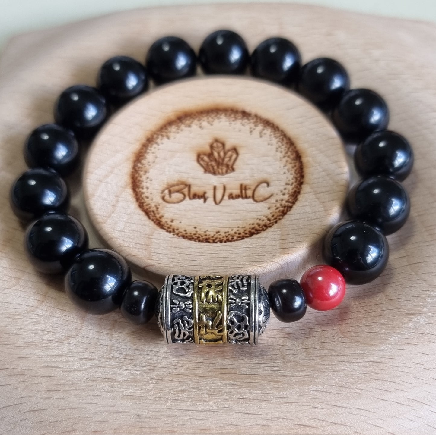 Black Obsidian Male Bracelet with 6 words Mantra 12.5mm *2 pieces