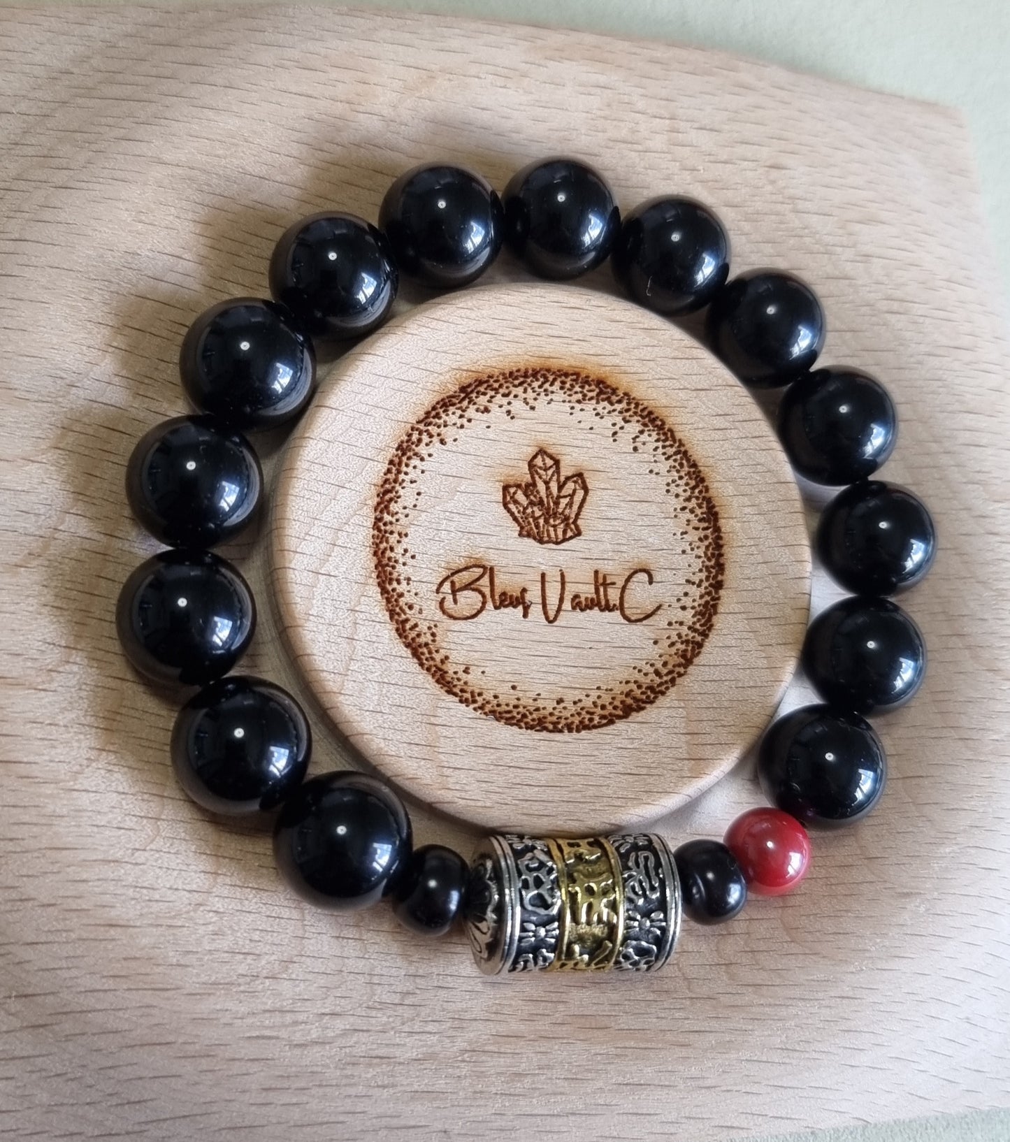 Black Obsidian Male Bracelet with 6 words Mantra 12.5mm *2 pieces