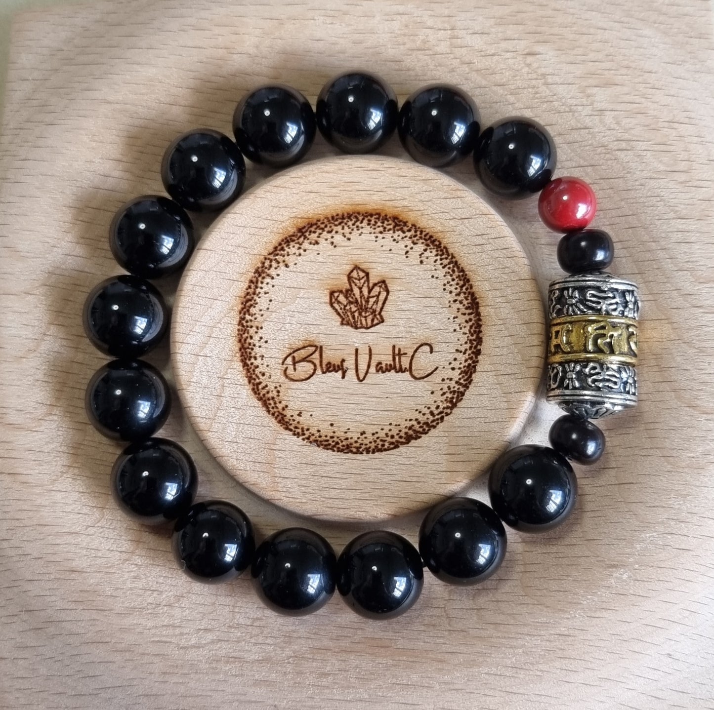 Black Obsidian Male Bracelet with 6 words Mantra 12.5mm *2 pieces