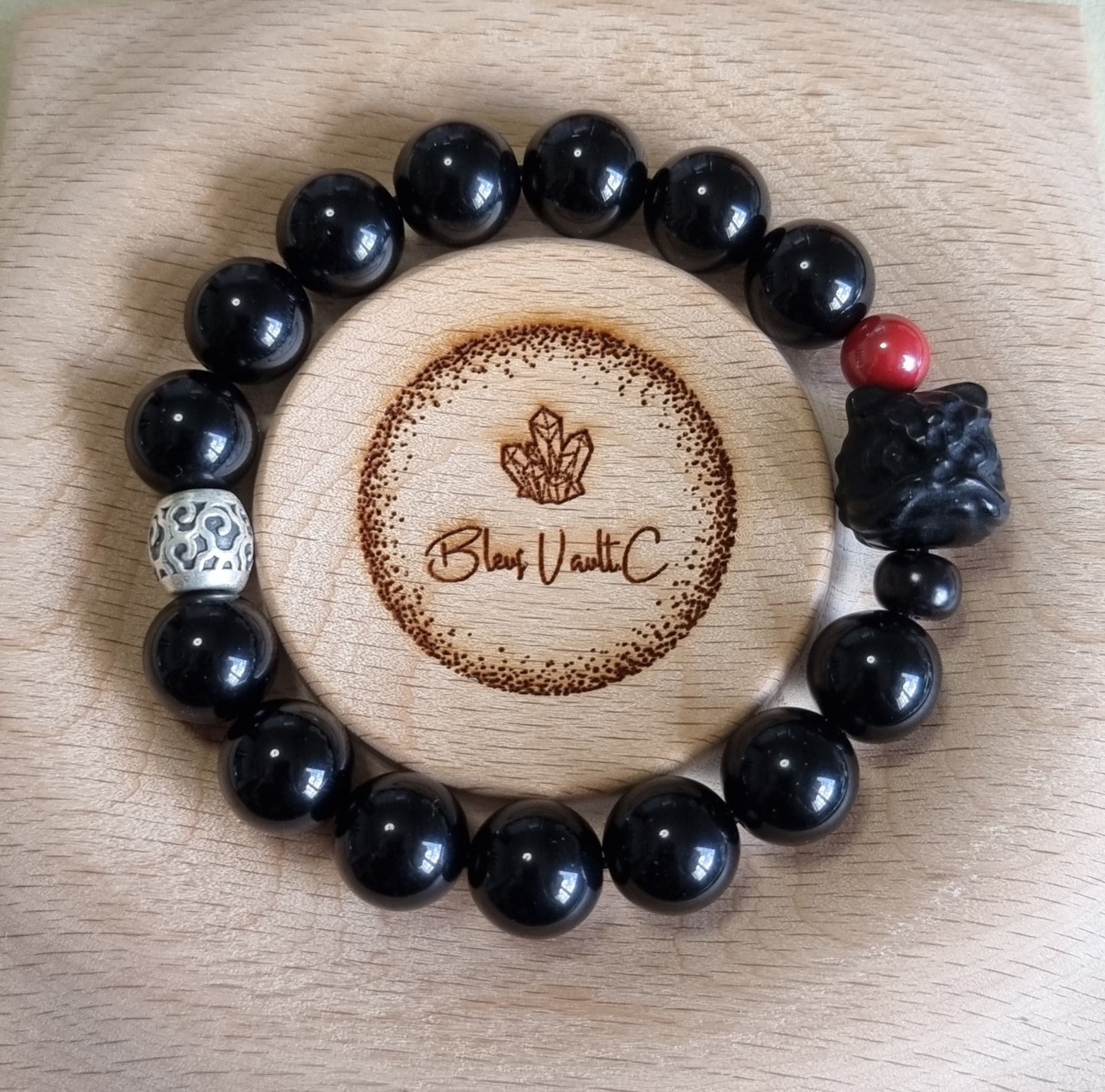 Black Obsidian Male Bracelet with Guardian Lion 12.5mm *couple set available