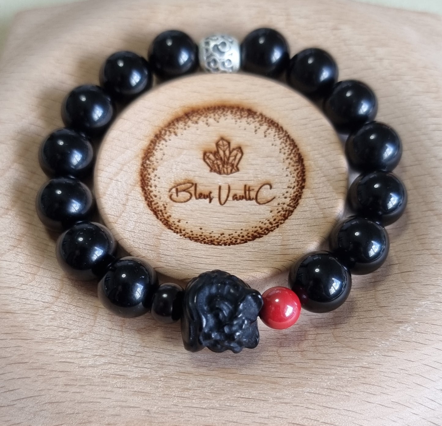 Black Obsidian Male Bracelet with Guardian Lion 12.5mm *couple set available