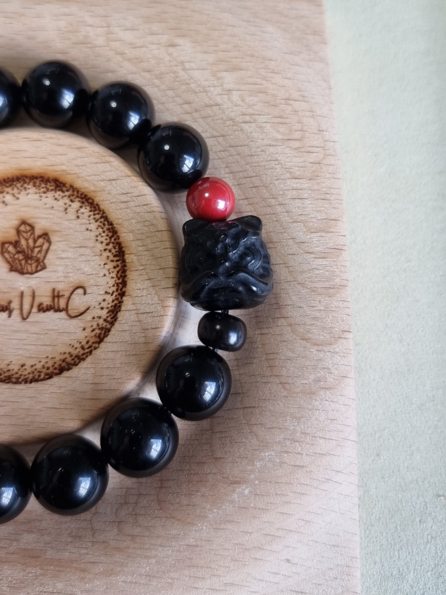 Black Obsidian Male Bracelet with Guardian Lion 12.5mm *couple set available