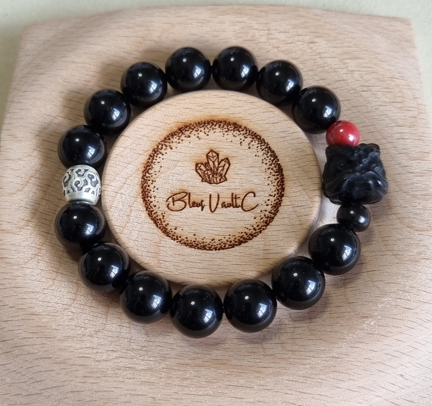 Black Obsidian Male Bracelet with Guardian Lion 12.5mm *couple set available