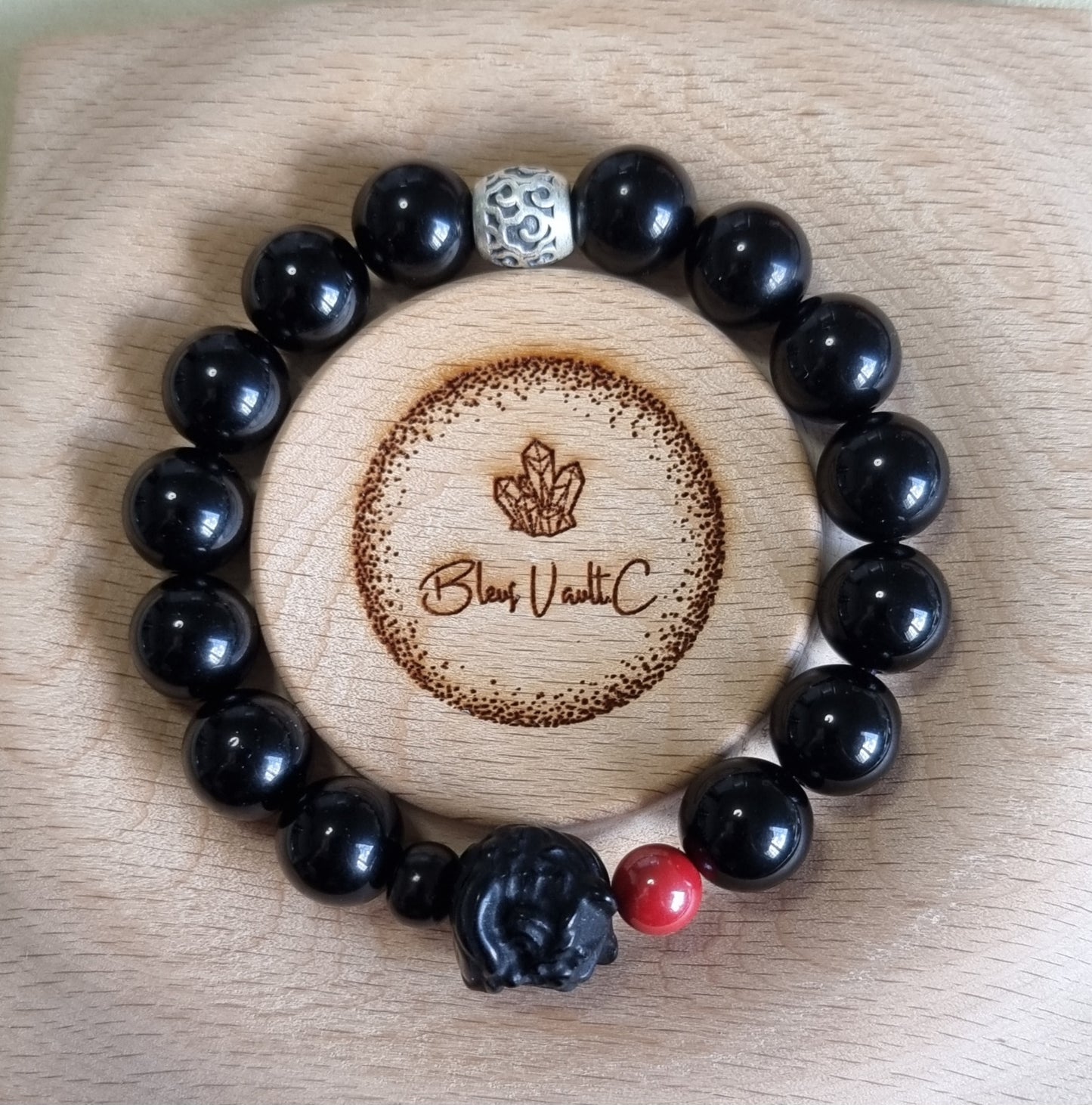 Black Obsidian Male Bracelet with Guardian Lion 12.5mm *couple set available