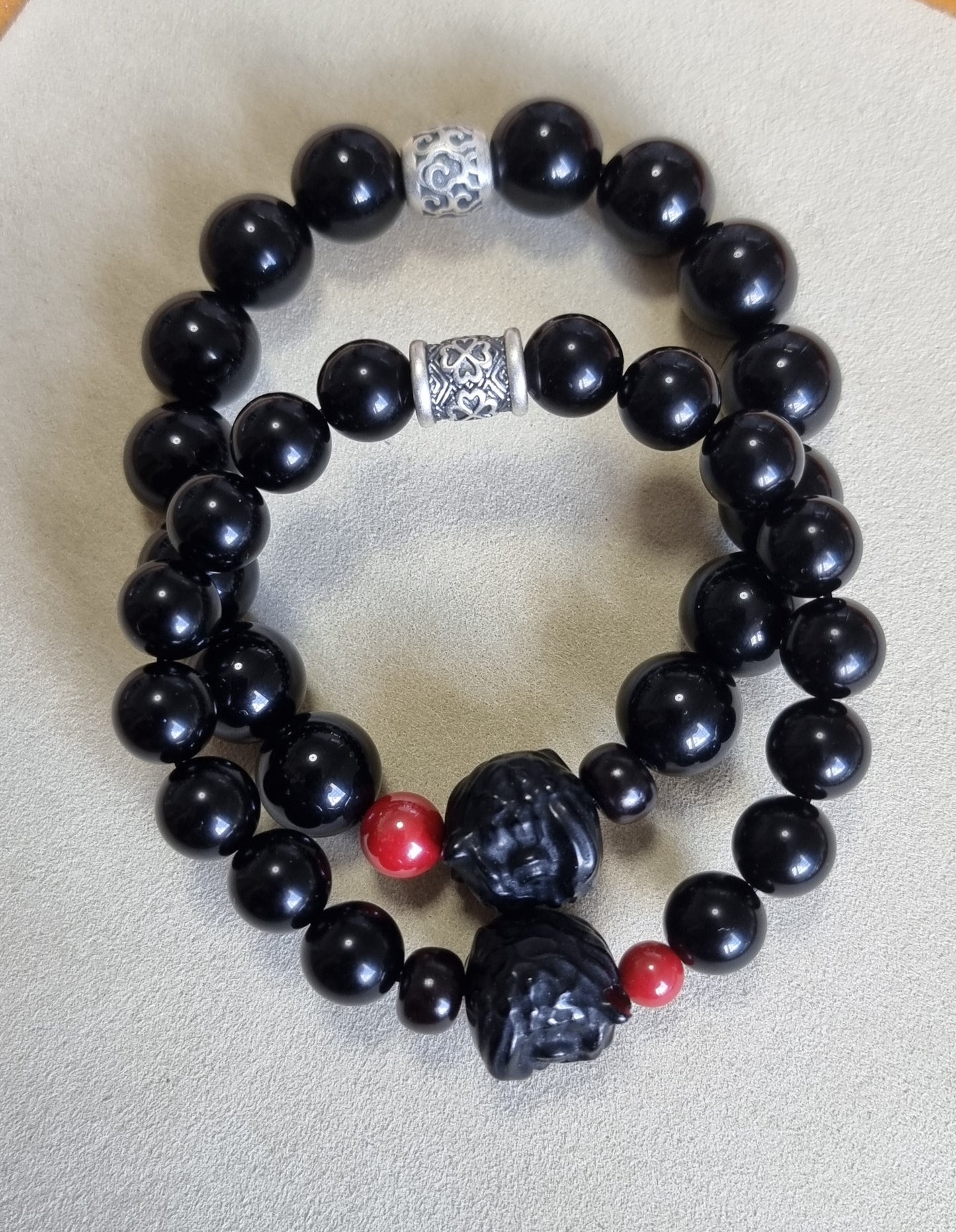 Black Obsidian Male Bracelet with Guardian Lion 12.5mm *couple set available