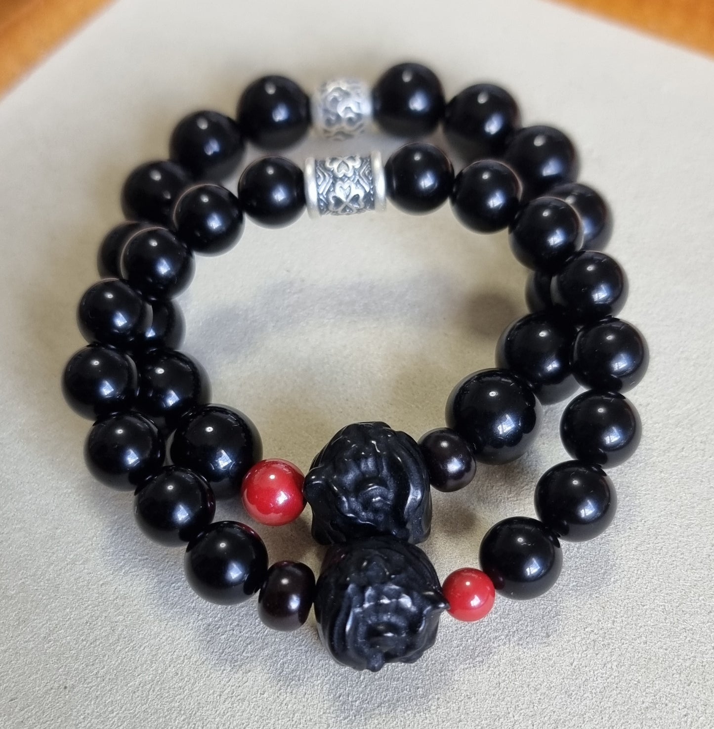 Black Obsidian Female Bracelet with Guardian Lion 10mm *couple set available