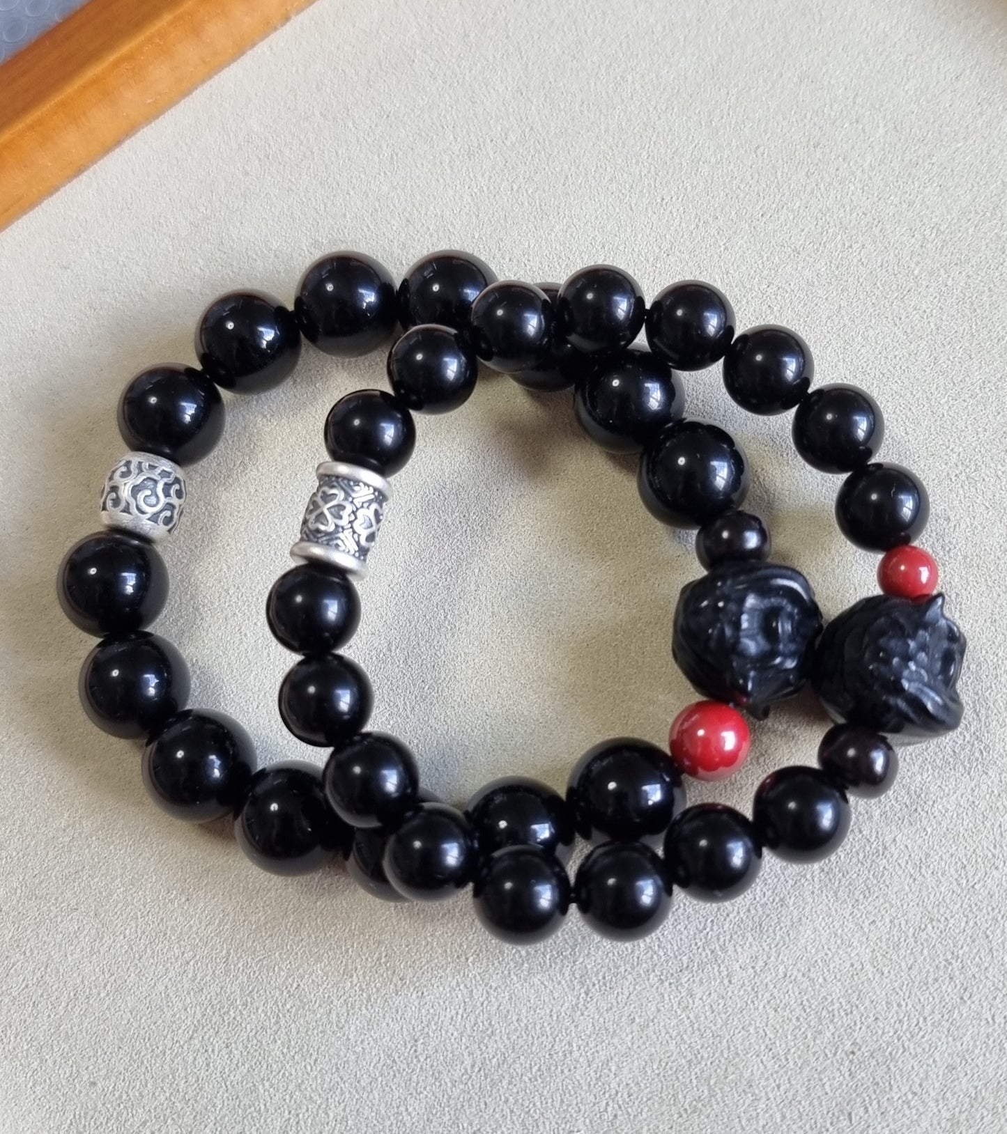 Black Obsidian Male Bracelet with Guardian Lion 12.5mm *couple set available