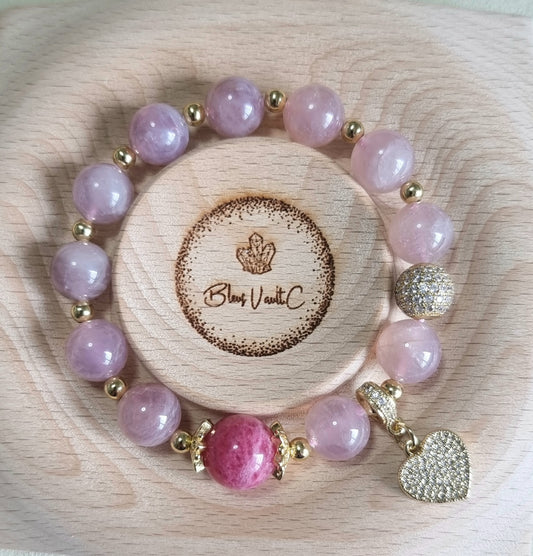 Rose Quartz Rhodonite Bracelet in gold 11mm. Inspired from Van Gogh "The Pink Peach Tree"