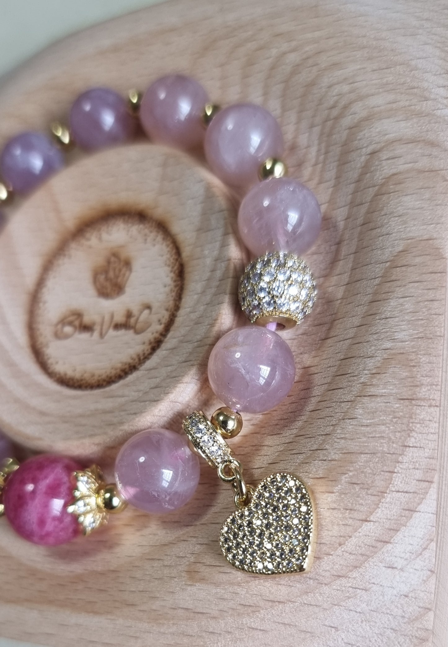 Rose Quartz Rhodonite Bracelet in gold 11mm. Inspired from Van Gogh "The Pink Peach Tree"