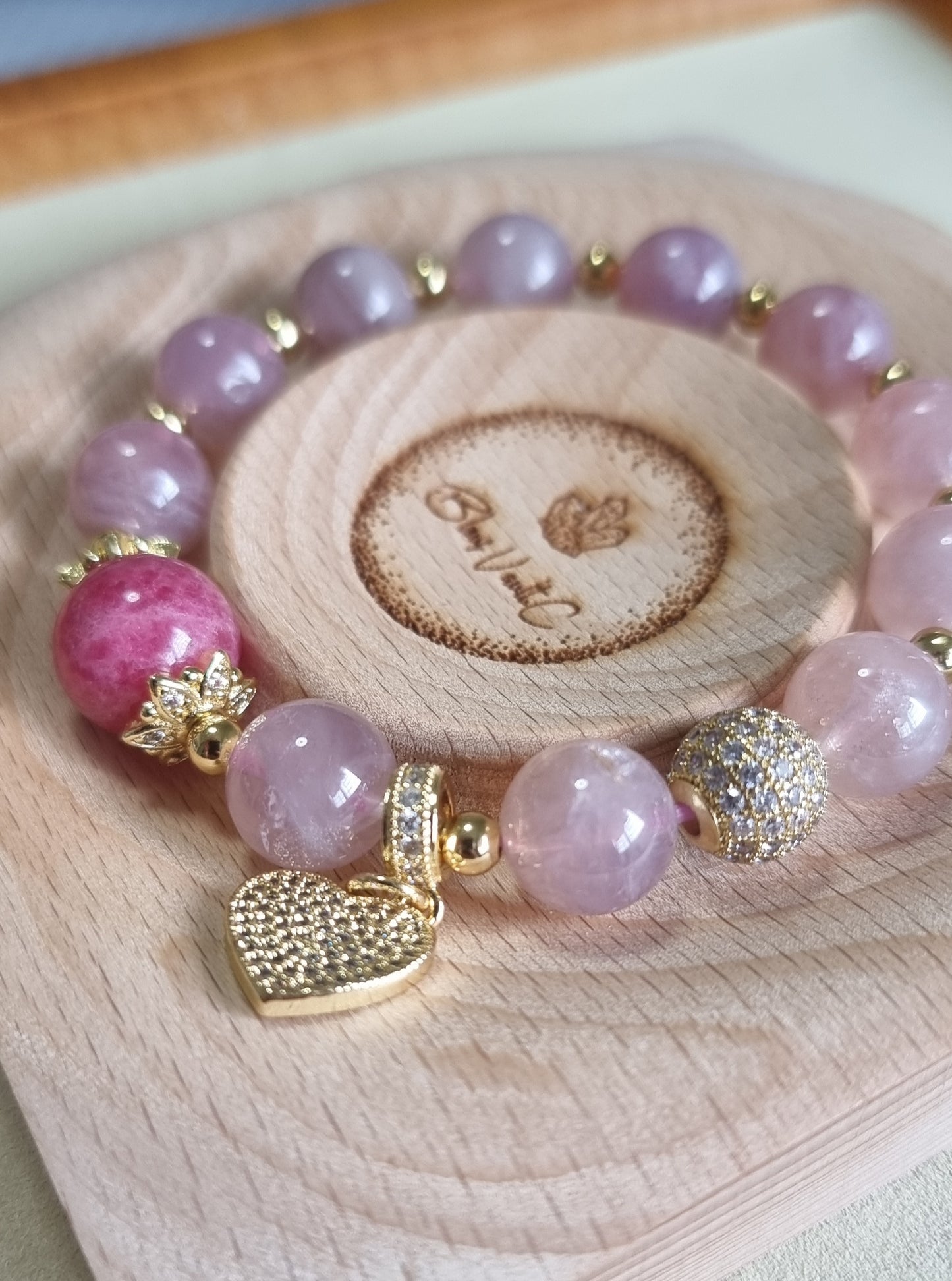 Rose Quartz Rhodonite Bracelet in gold 11mm. Inspired from Van Gogh "The Pink Peach Tree"