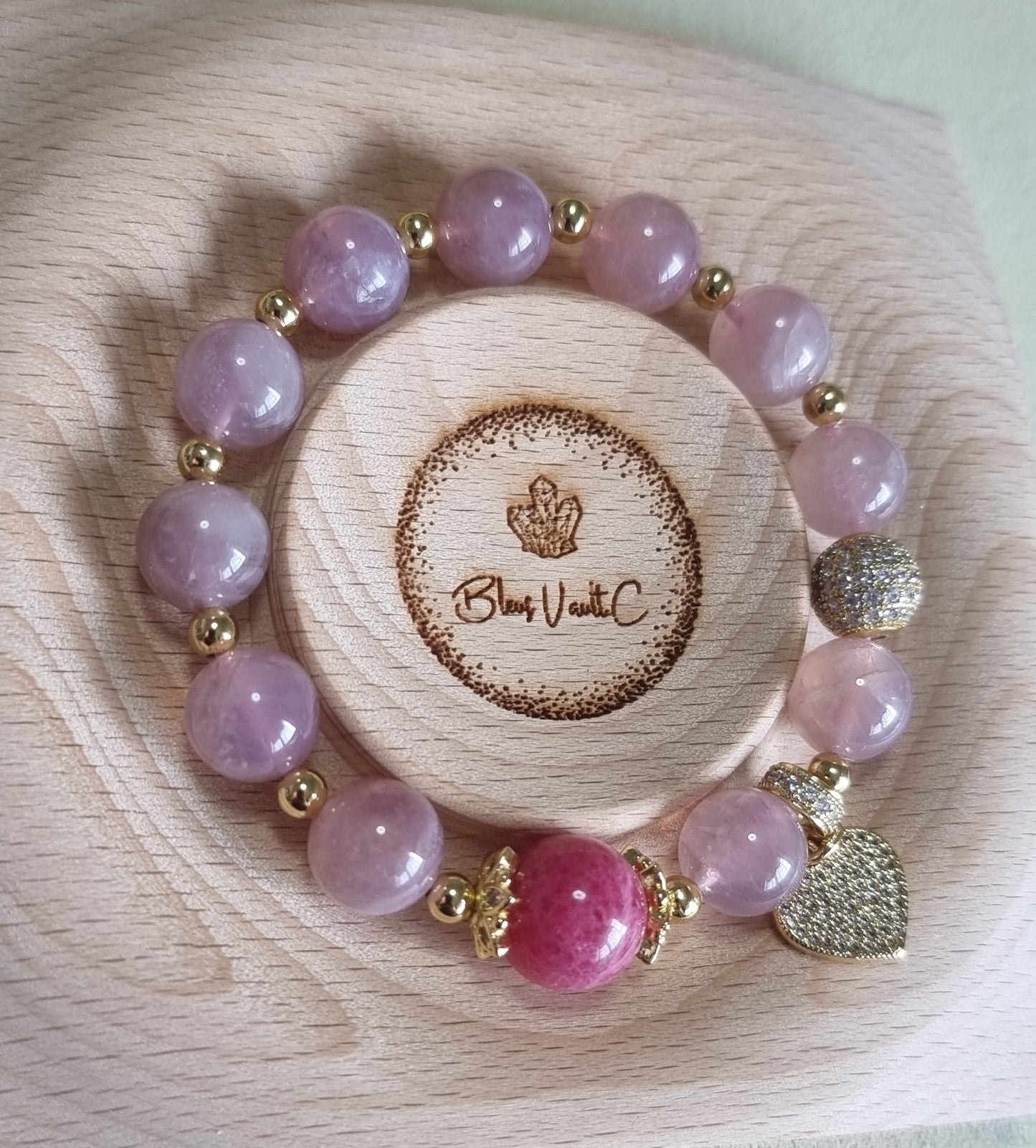 Rose Quartz Rhodonite Bracelet in gold 11mm. Inspired from Van Gogh "The Pink Peach Tree"