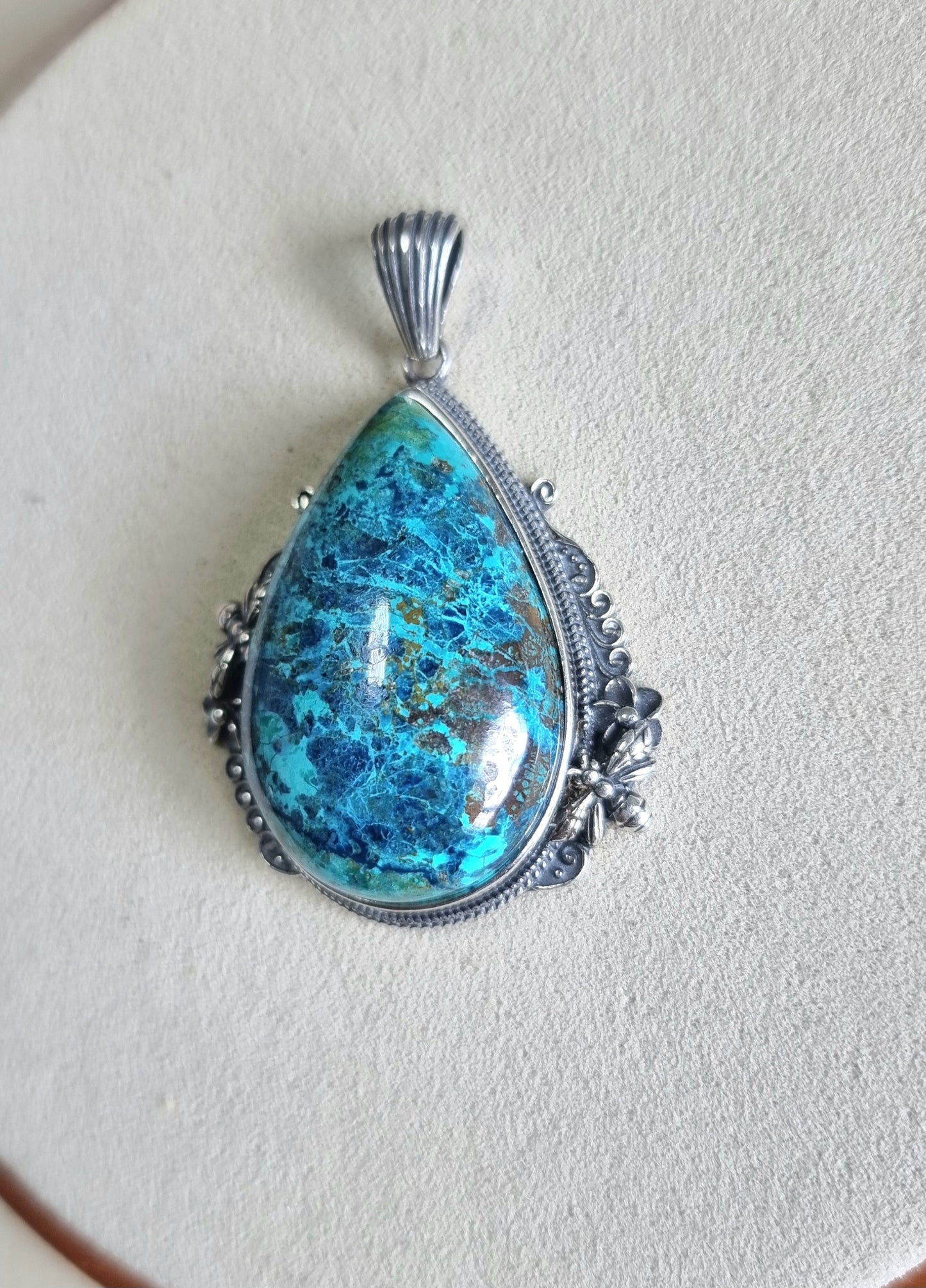 Chrysocolla Tearsdrop Pendant in S925 Tibetan Silver with Certification