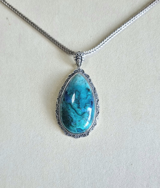 Chrysocolla Tearsdrop Pendant in S925 Tibetan Silver with Certification