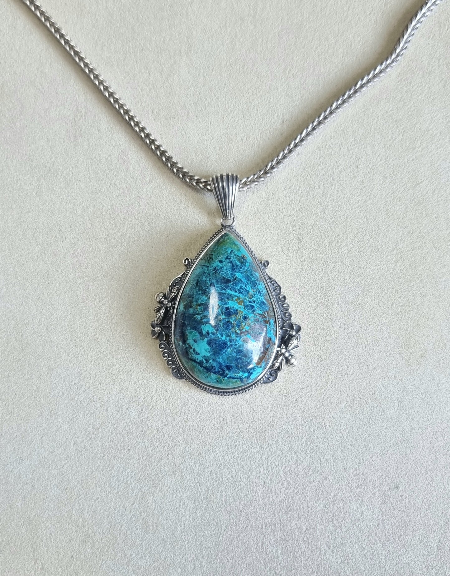 Chrysocolla Tearsdrop Pendant in S925 Tibetan Silver with Certification