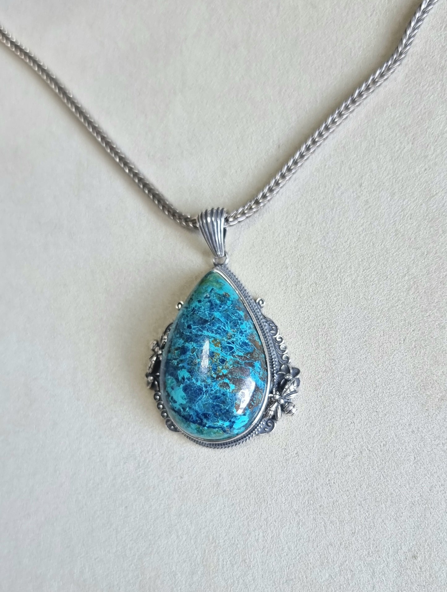 Chrysocolla Tearsdrop Pendant in S925 Tibetan Silver with Certification