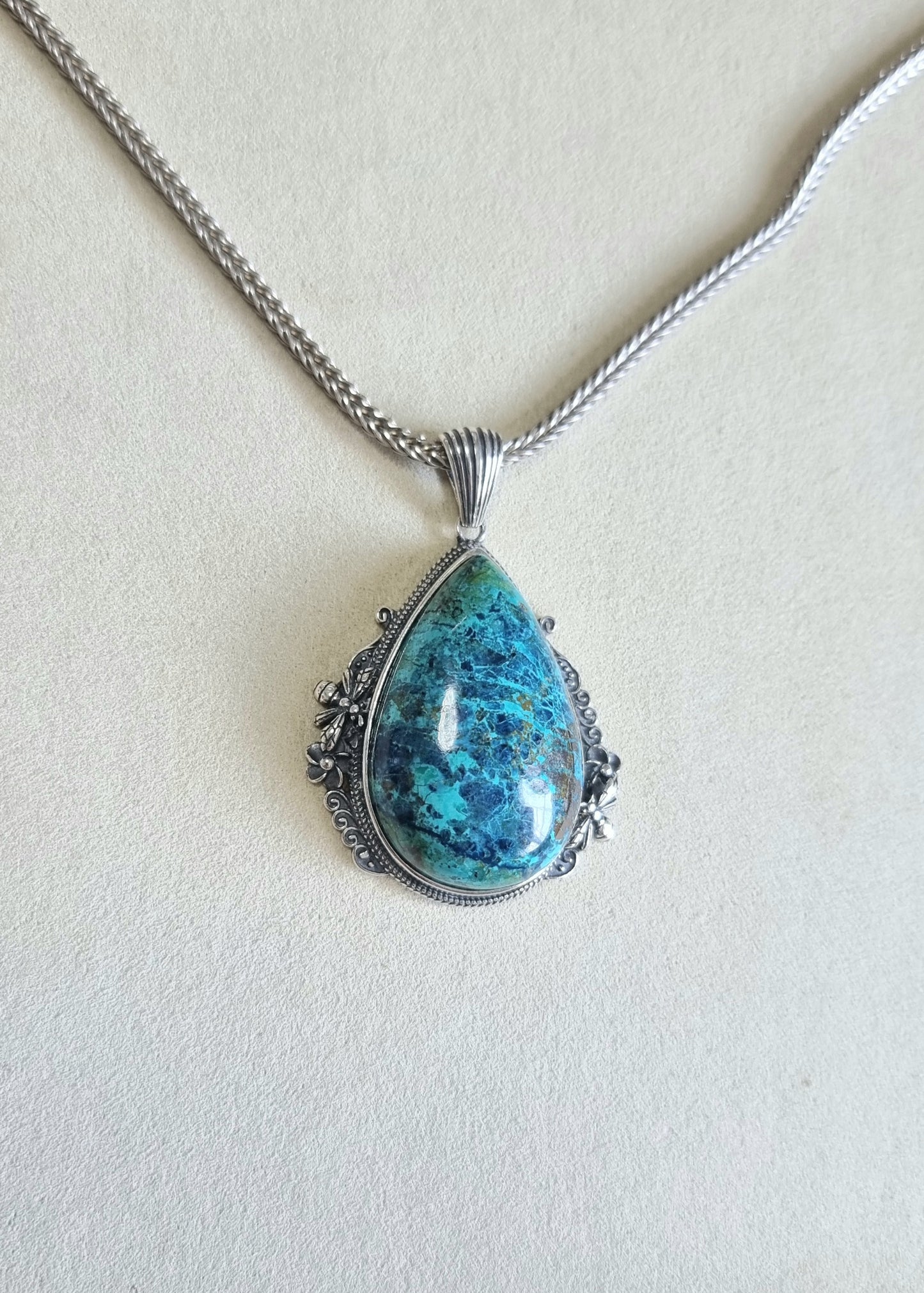 Chrysocolla Tearsdrop Pendant in S925 Tibetan Silver with Certification