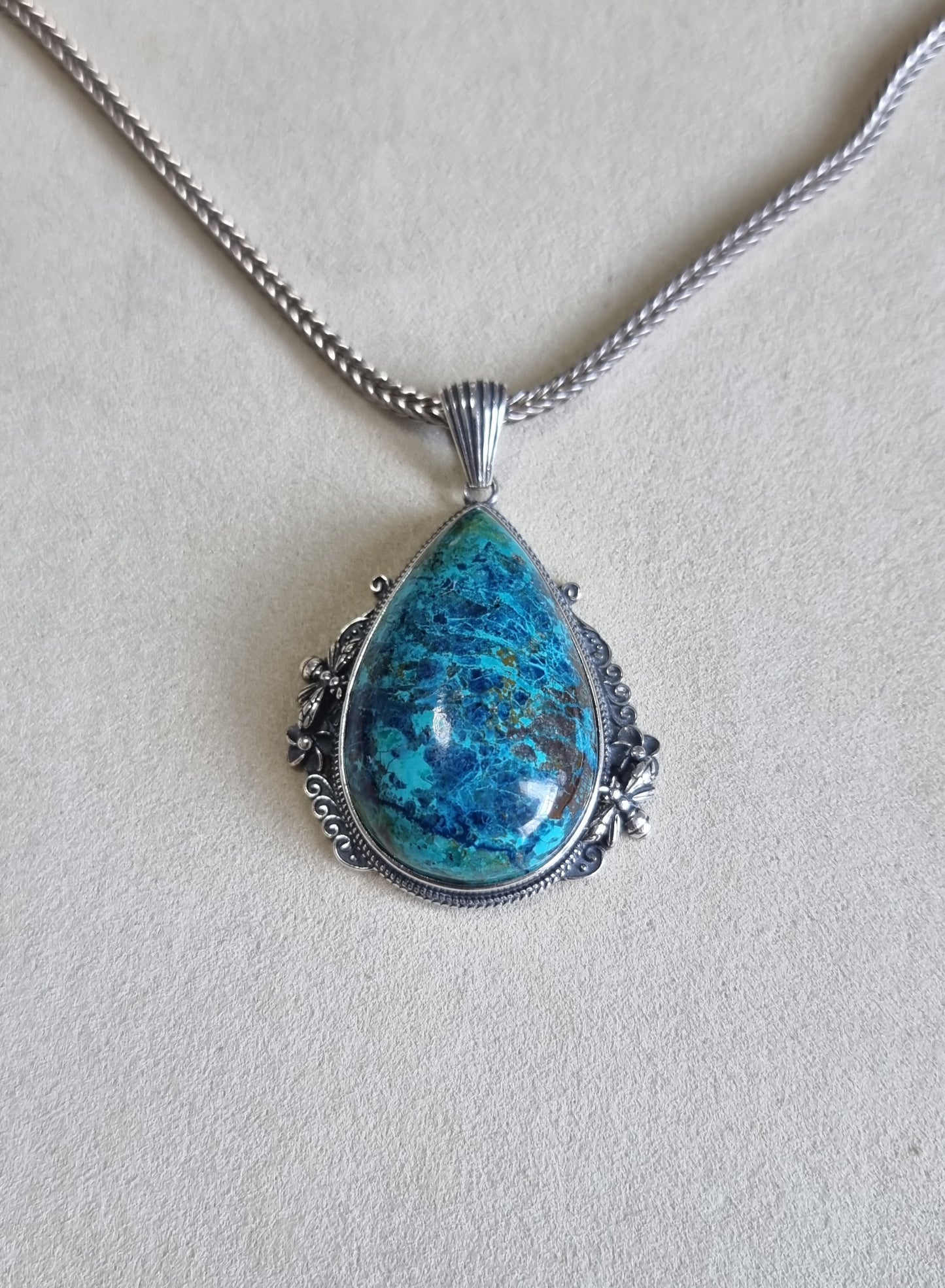 Chrysocolla Tearsdrop Pendant in S925 Tibetan Silver with Certification