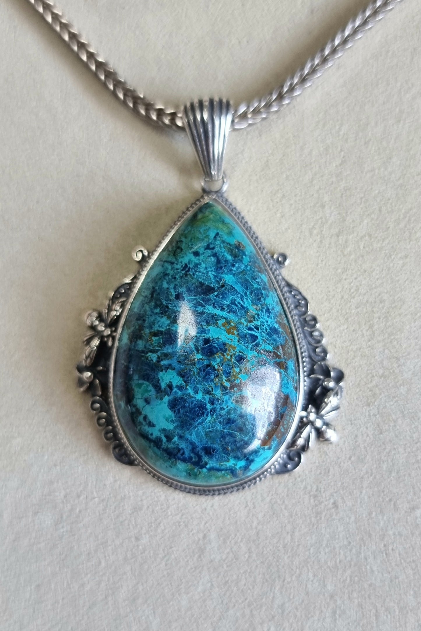 Chrysocolla Tearsdrop Pendant in S925 Tibetan Silver with Certification