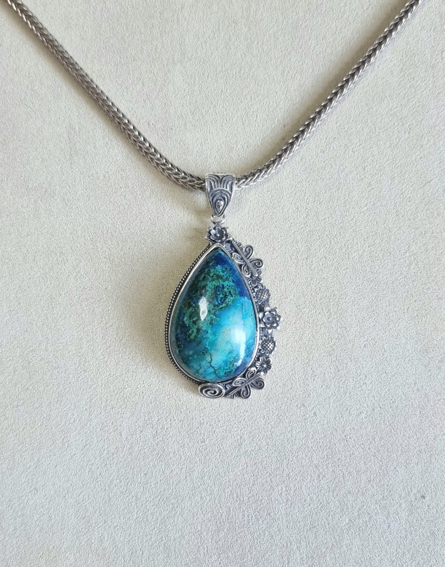 Chrysocolla Tearsdrop Pendant in S925 Tibetan Silver with Certification