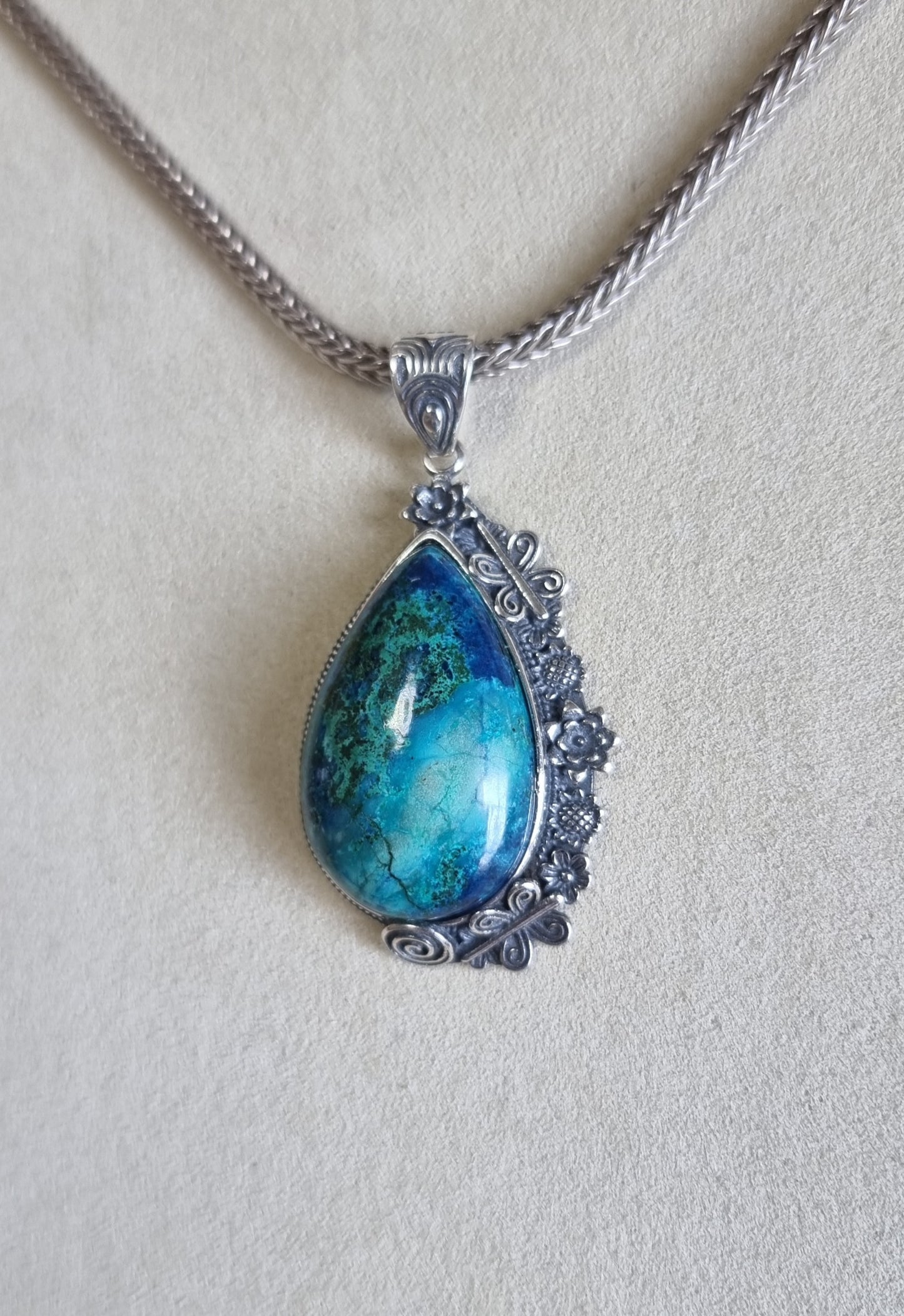 Chrysocolla Tearsdrop Pendant in S925 Tibetan Silver with Certification