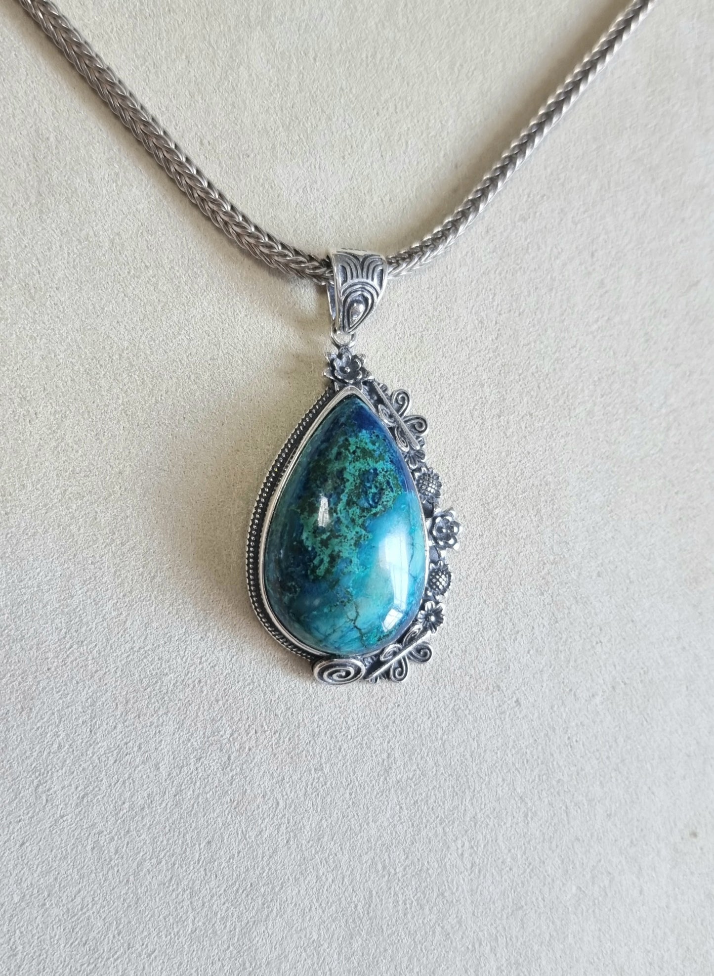 Chrysocolla Tearsdrop Pendant in S925 Tibetan Silver with Certification