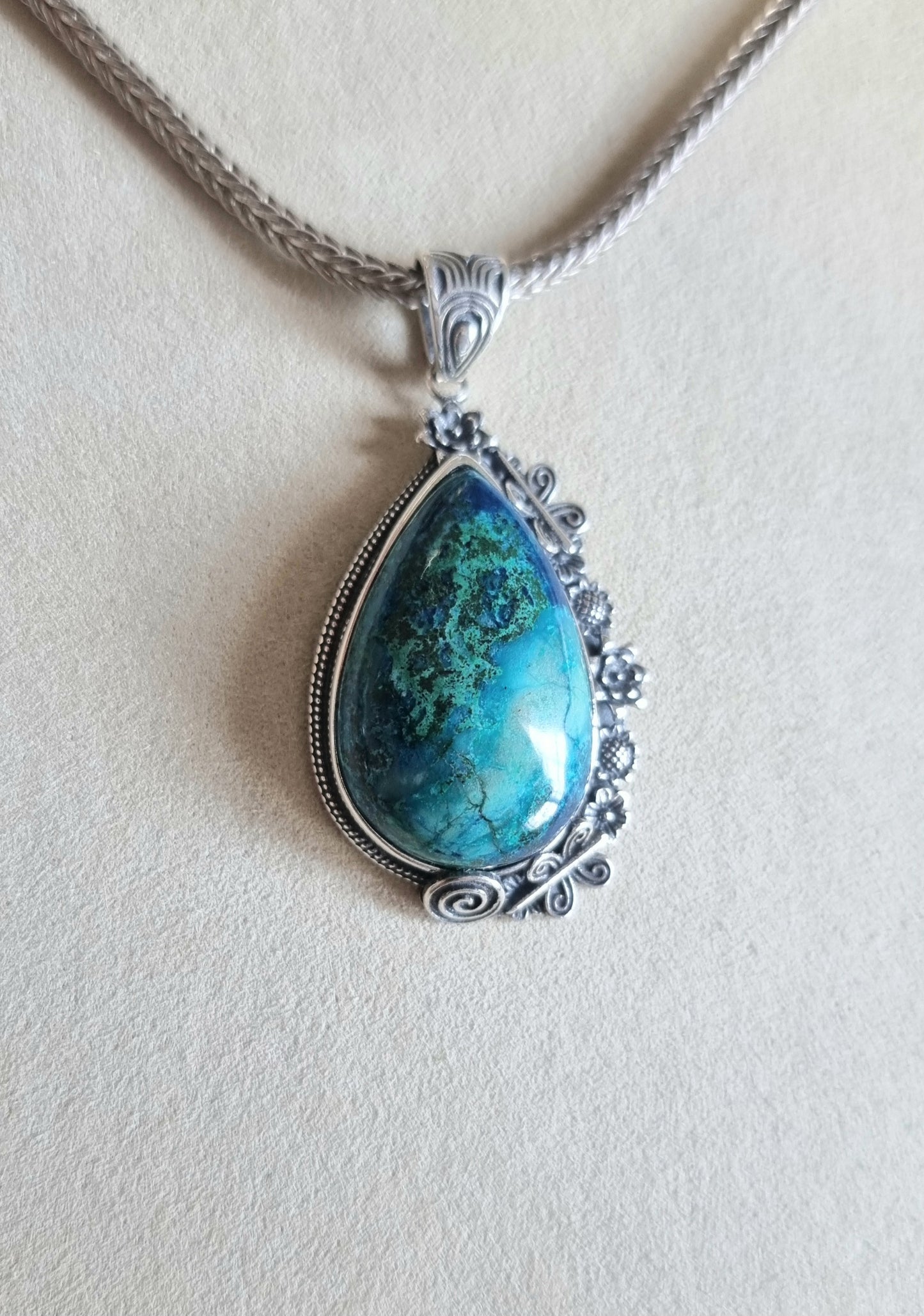 Chrysocolla Tearsdrop Pendant in S925 Tibetan Silver with Certification