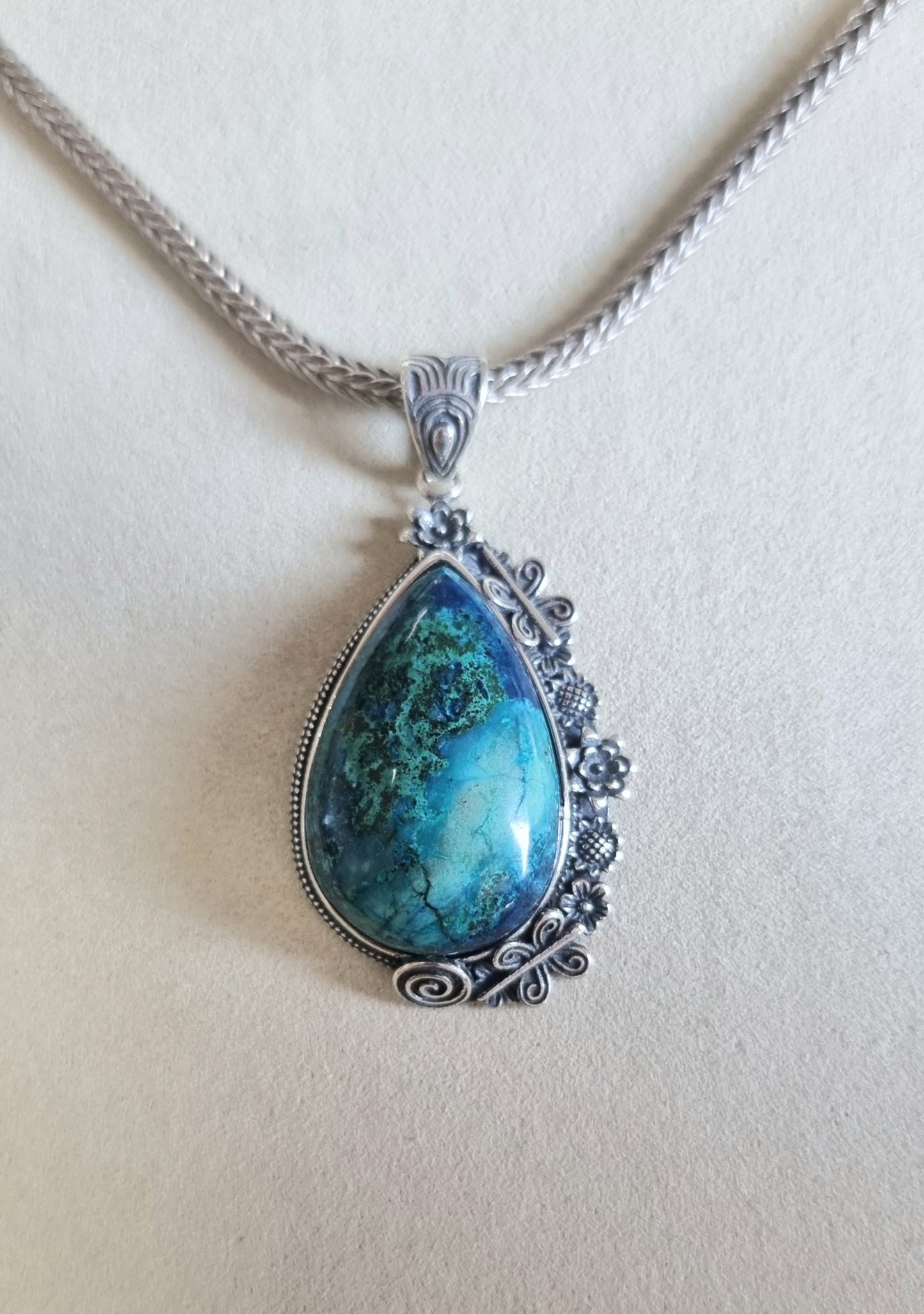 Chrysocolla Tearsdrop Pendant in S925 Tibetan Silver with Certification