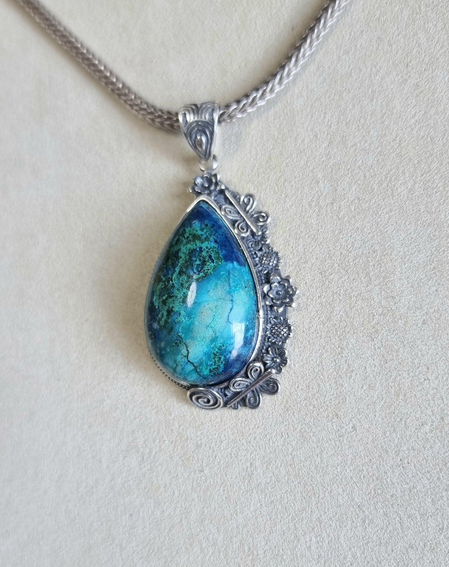 Chrysocolla Tearsdrop Pendant in S925 Tibetan Silver with Certification