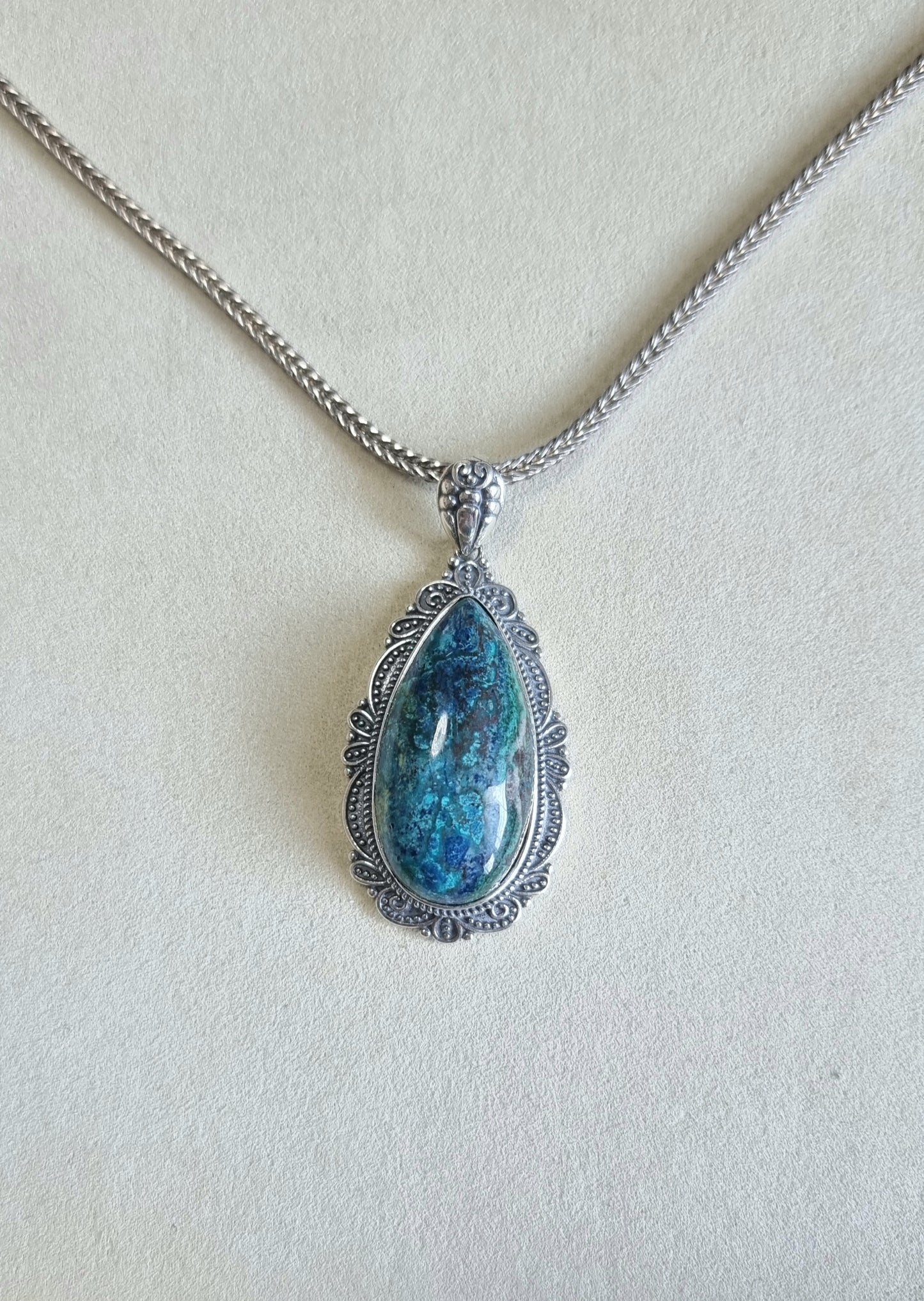 Chrysocolla Tearsdrop Pendant in S925 Tibetan Silver with Certification