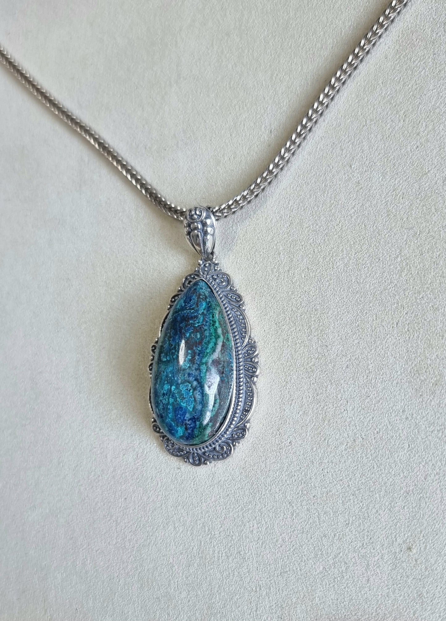 Chrysocolla Tearsdrop Pendant in S925 Tibetan Silver with Certification