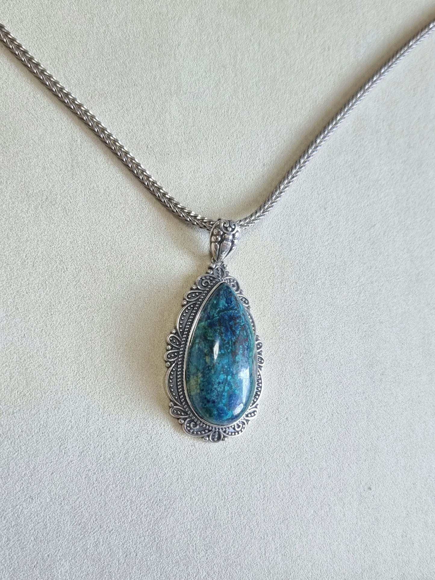 Chrysocolla Tearsdrop Pendant in S925 Tibetan Silver with Certification