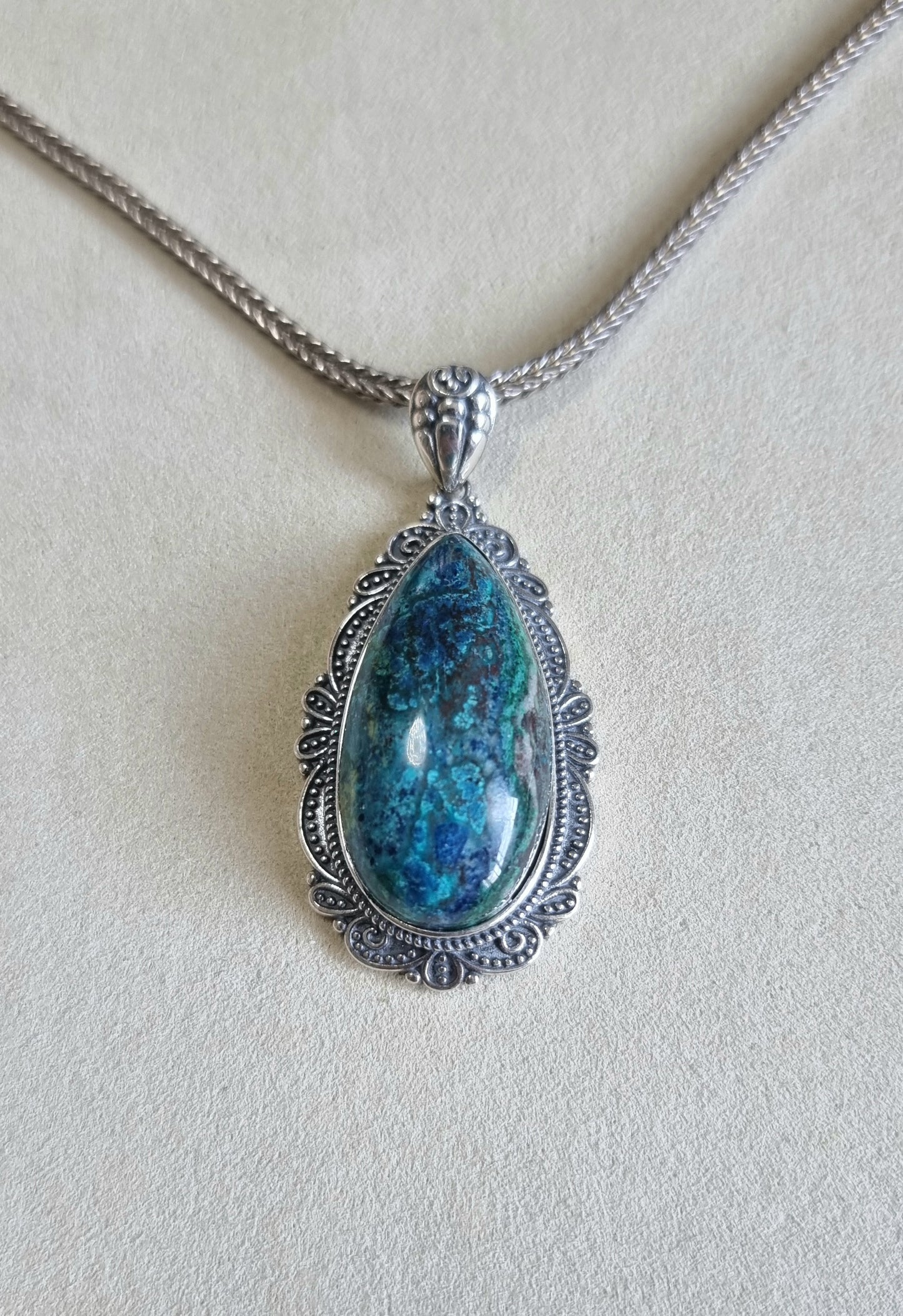 Chrysocolla Tearsdrop Pendant in S925 Tibetan Silver with Certification