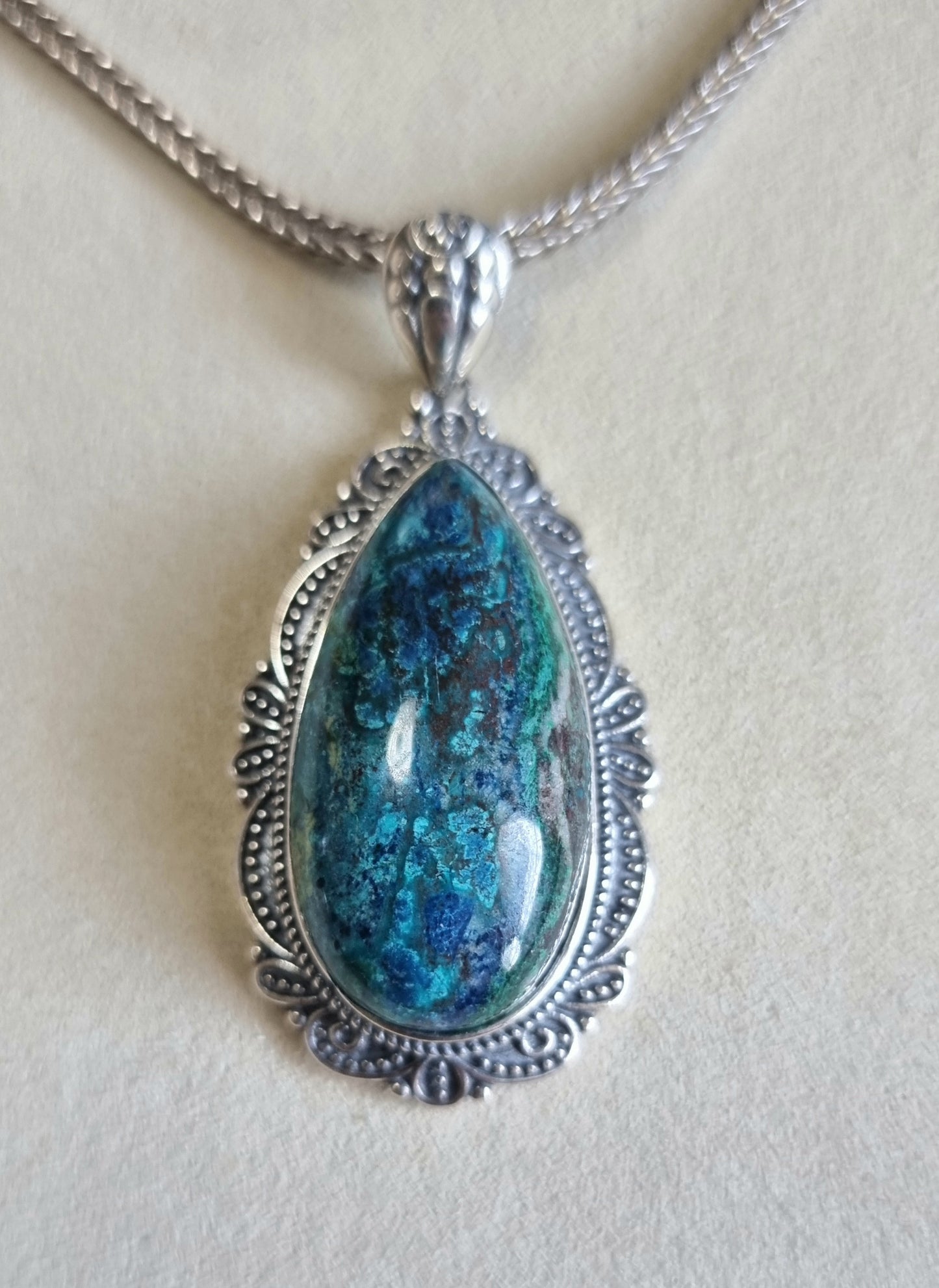 Chrysocolla Tearsdrop Pendant in S925 Tibetan Silver with Certification