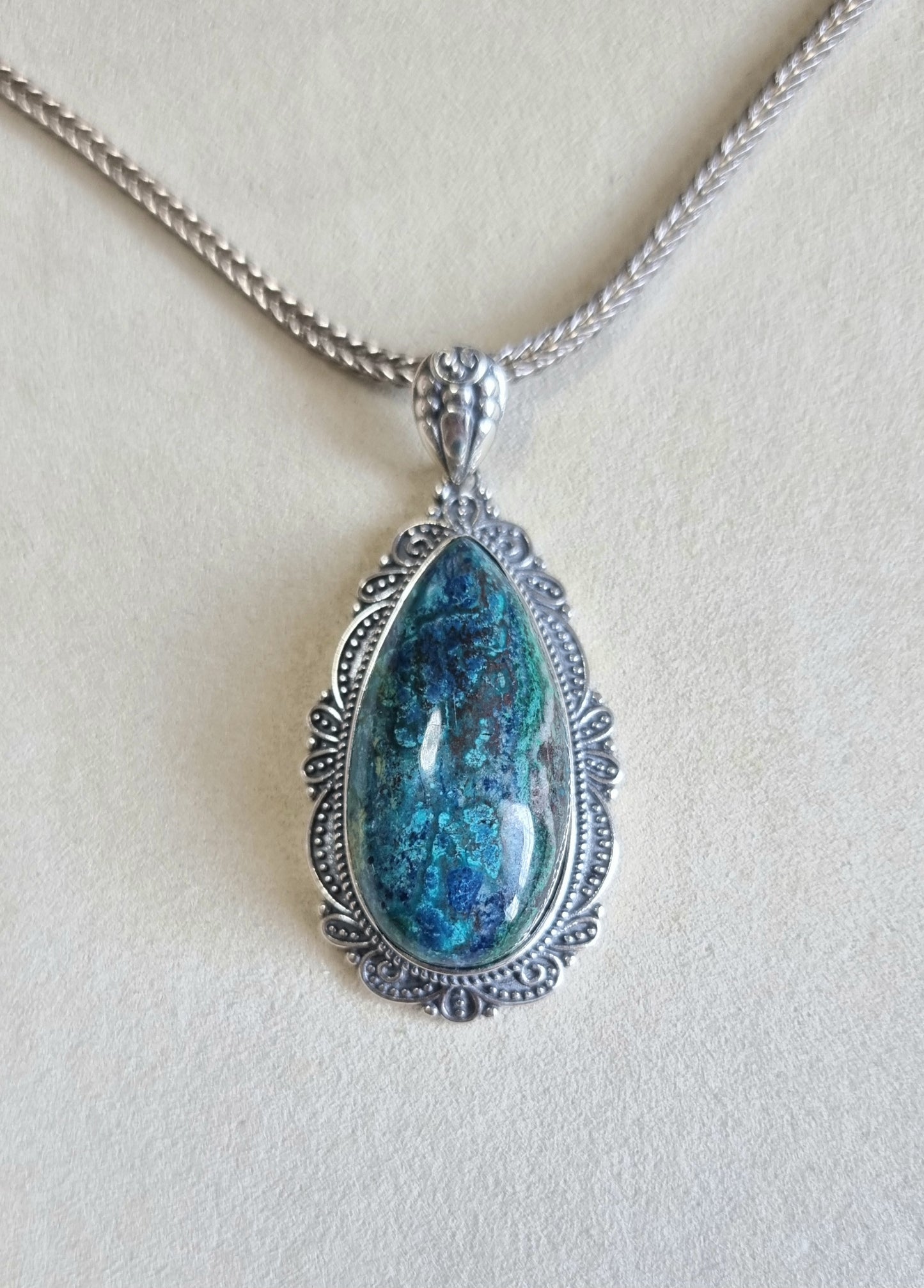 Chrysocolla Tearsdrop Pendant in S925 Tibetan Silver with Certification