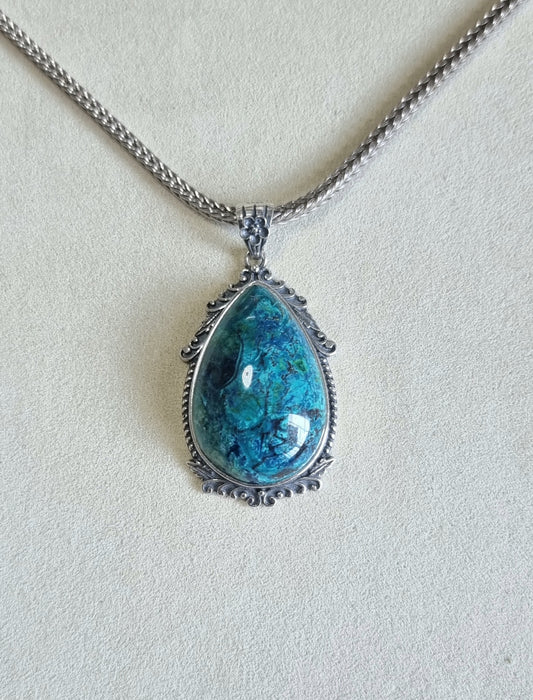 Chrysocolla Tearsdrop Pendant in S925 Tibetan Silver with Certification