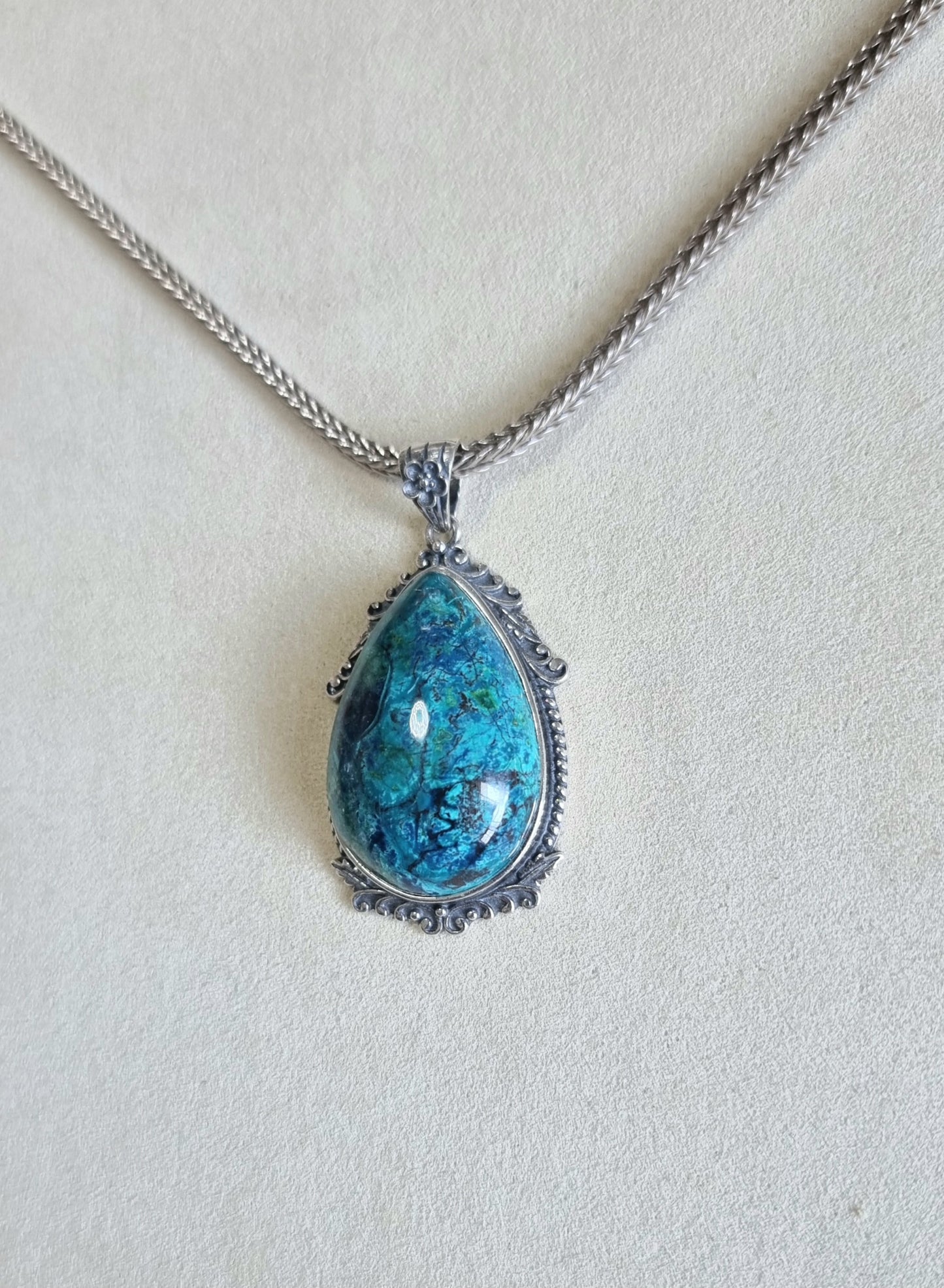 Chrysocolla Tearsdrop Pendant in S925 Tibetan Silver with Certification