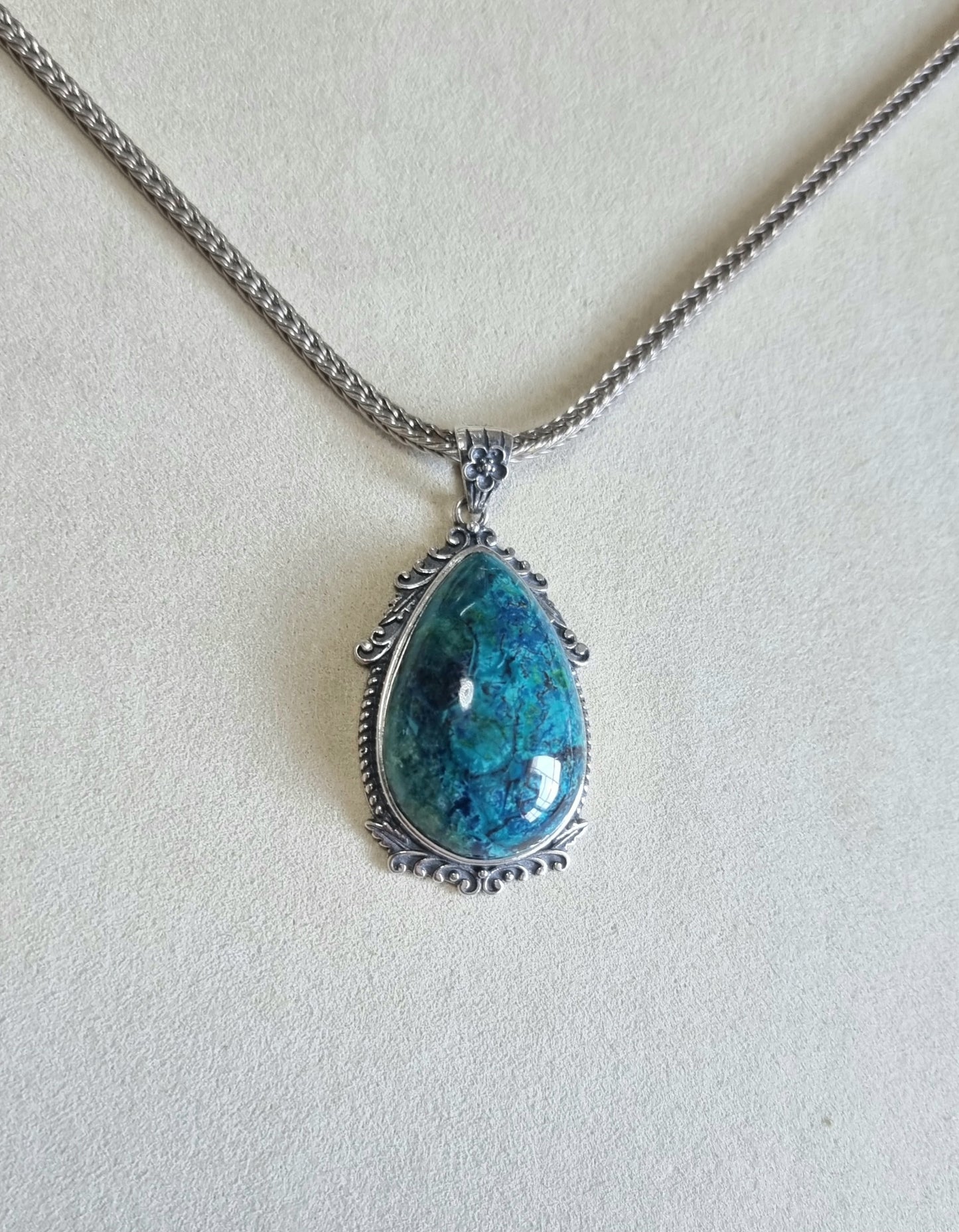 Chrysocolla Tearsdrop Pendant in S925 Tibetan Silver with Certification