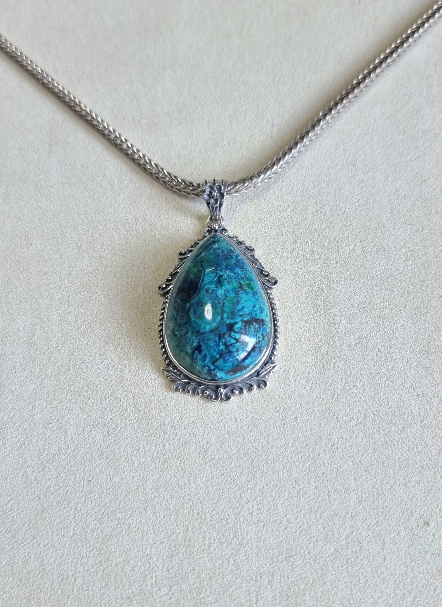 Chrysocolla Tearsdrop Pendant in S925 Tibetan Silver with Certification