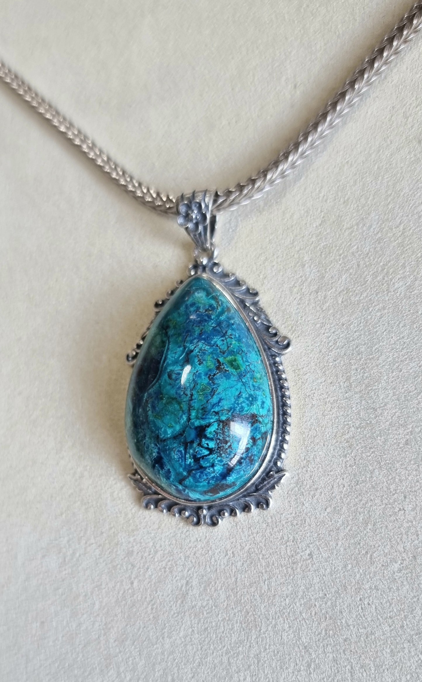 Chrysocolla Tearsdrop Pendant in S925 Tibetan Silver with Certification