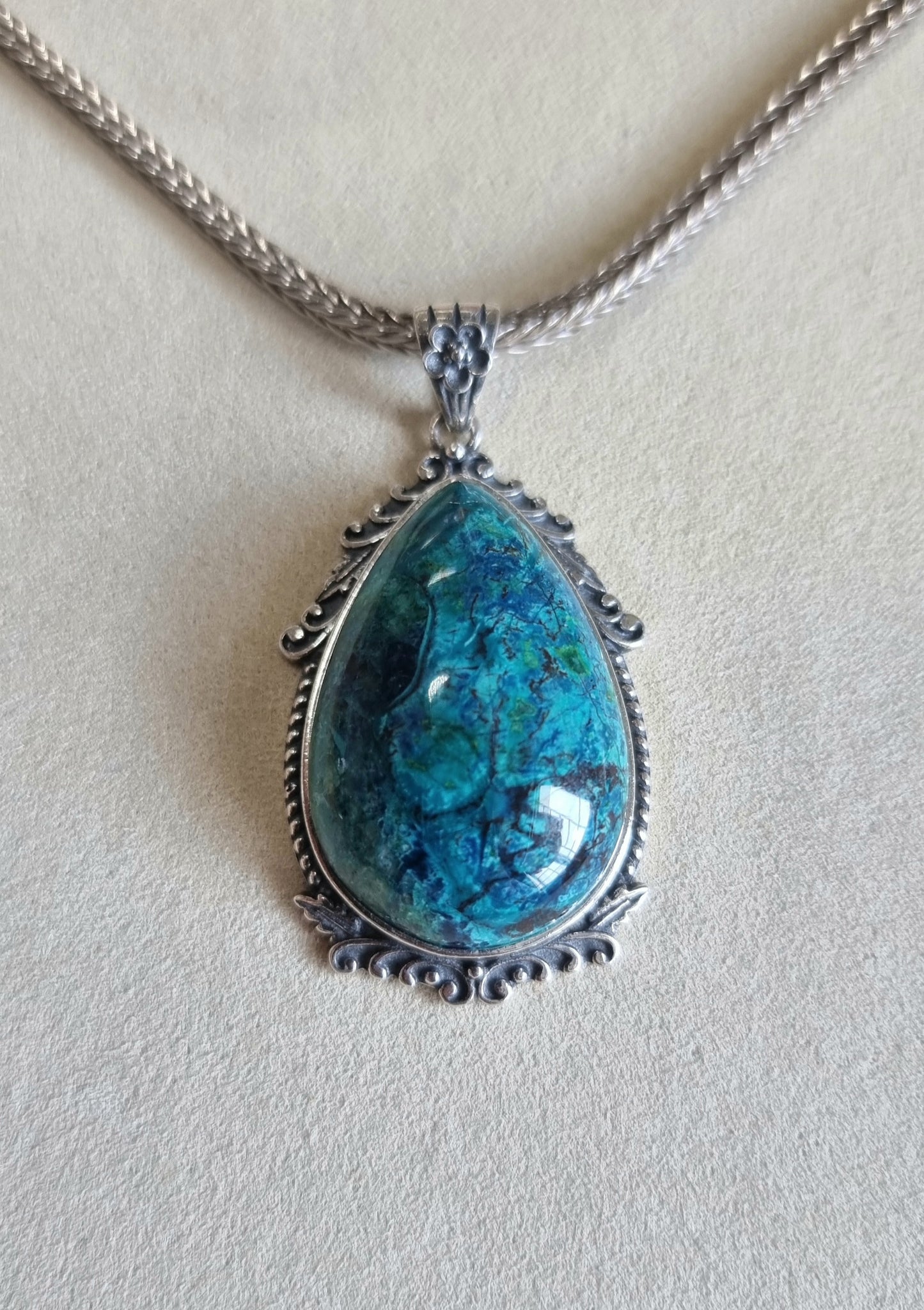 Chrysocolla Tearsdrop Pendant in S925 Tibetan Silver with Certification