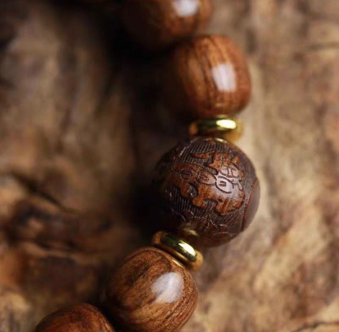 Wood Bracelet with Pixue Carving Rosewood 12mm 花梨木 - Bleus Vault.C 